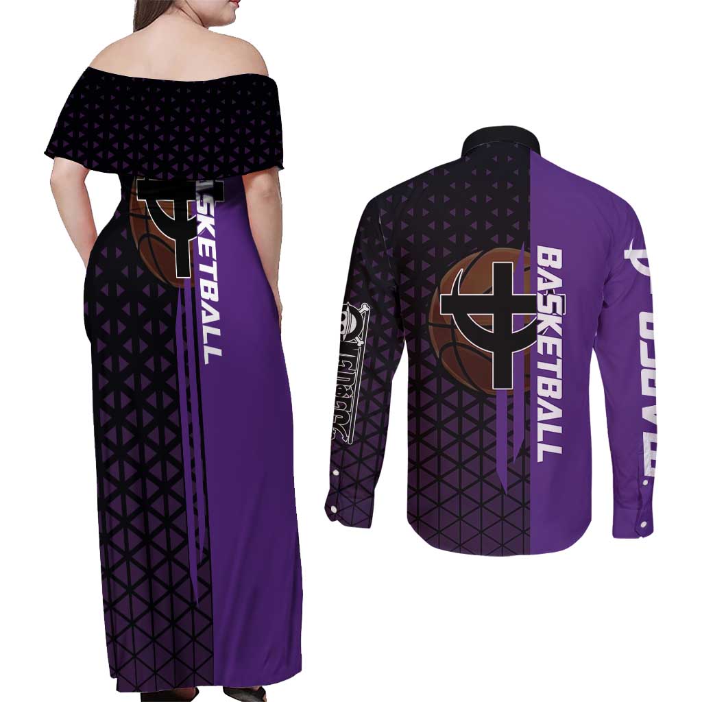 Marco One Piece Basketball Theme Purple and Black Design Couples Matching Off Shoulder Maxi Dress and Long Sleeve Button Shirt with Phoenix Emblem and Action Pose - The Mazicc