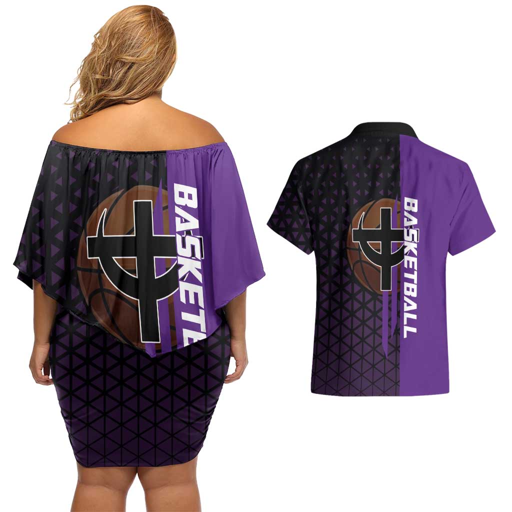Marco One Piece Basketball Theme Purple and Black Design Couples Matching Off Shoulder Short Dress and Hawaiian Shirt with Phoenix Emblem and Action Pose - The Mazicc