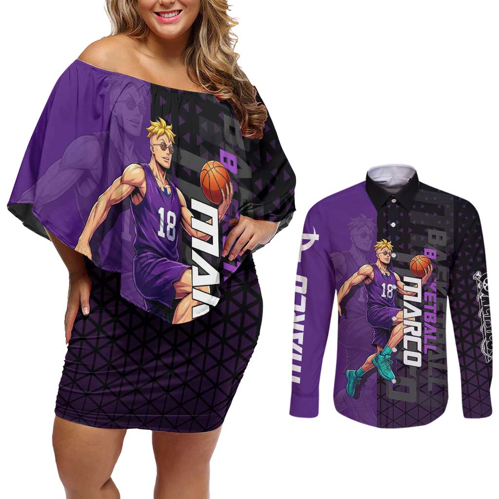 Marco One Piece Basketball Theme Purple and Black Design Couples Matching Off Shoulder Short Dress and Long Sleeve Button Shirt with Phoenix Emblem and Action Pose - The Mazicc