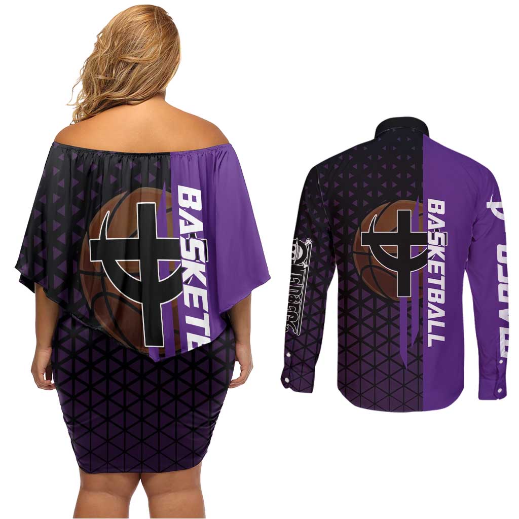 Marco One Piece Basketball Theme Purple and Black Design Couples Matching Off Shoulder Short Dress and Long Sleeve Button Shirt with Phoenix Emblem and Action Pose - The Mazicc