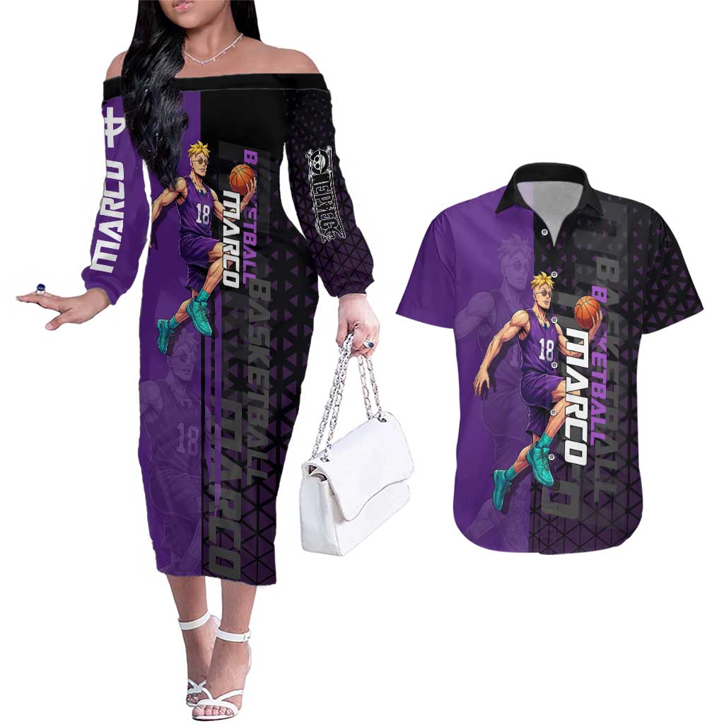Marco One Piece Basketball Theme Purple and Black Design Couples Matching Off The Shoulder Long Sleeve Dress and Hawaiian Shirt with Phoenix Emblem and Action Pose - The Mazicc