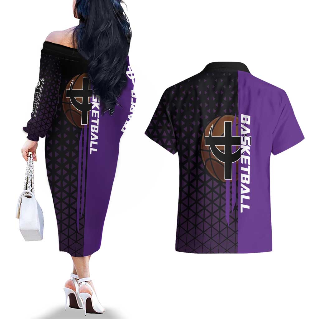 Marco One Piece Basketball Theme Purple and Black Design Couples Matching Off The Shoulder Long Sleeve Dress and Hawaiian Shirt with Phoenix Emblem and Action Pose - The Mazicc