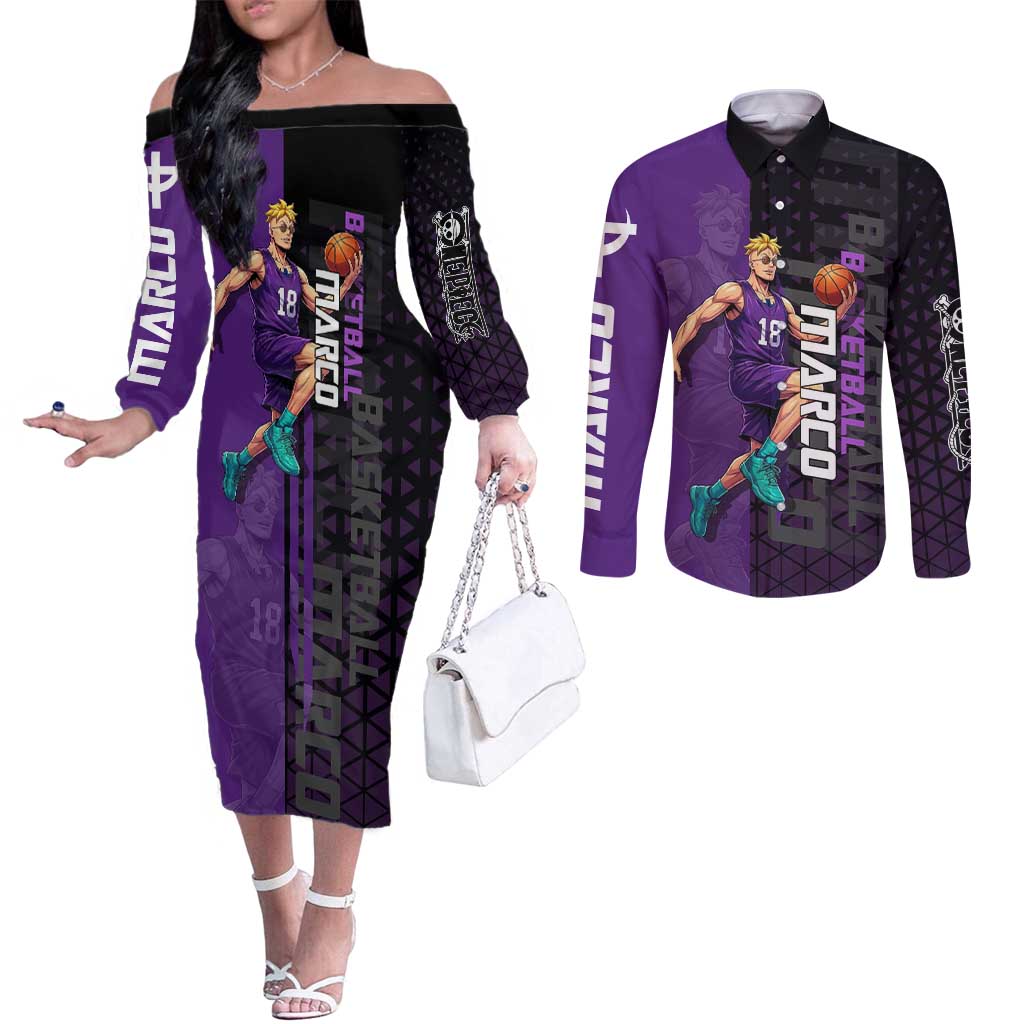 Marco One Piece Basketball Theme Purple and Black Design Couples Matching Off The Shoulder Long Sleeve Dress and Long Sleeve Button Shirt with Phoenix Emblem and Action Pose - The Mazicc