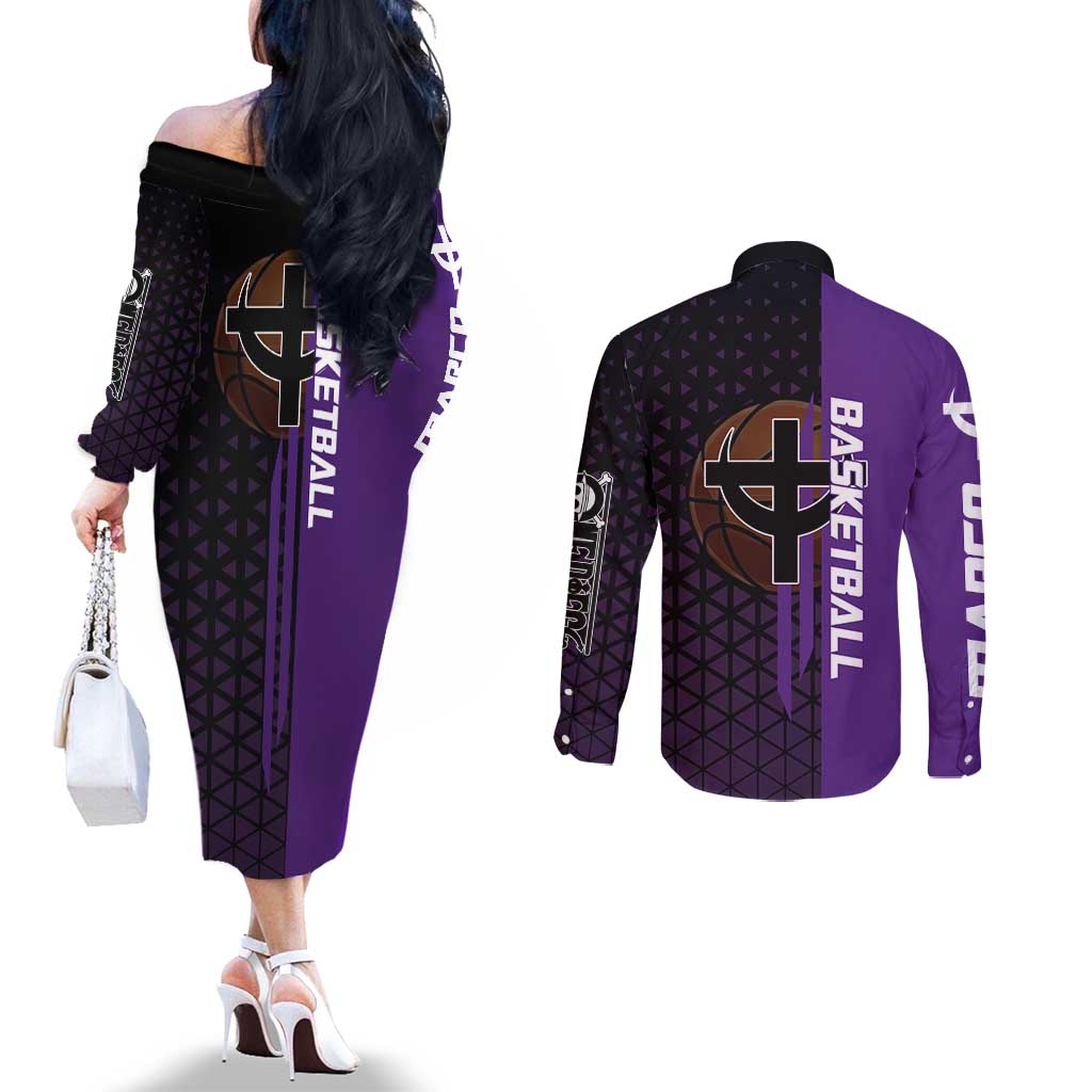 Marco One Piece Basketball Theme Purple and Black Design Couples Matching Off The Shoulder Long Sleeve Dress and Long Sleeve Button Shirt with Phoenix Emblem and Action Pose - The Mazicc