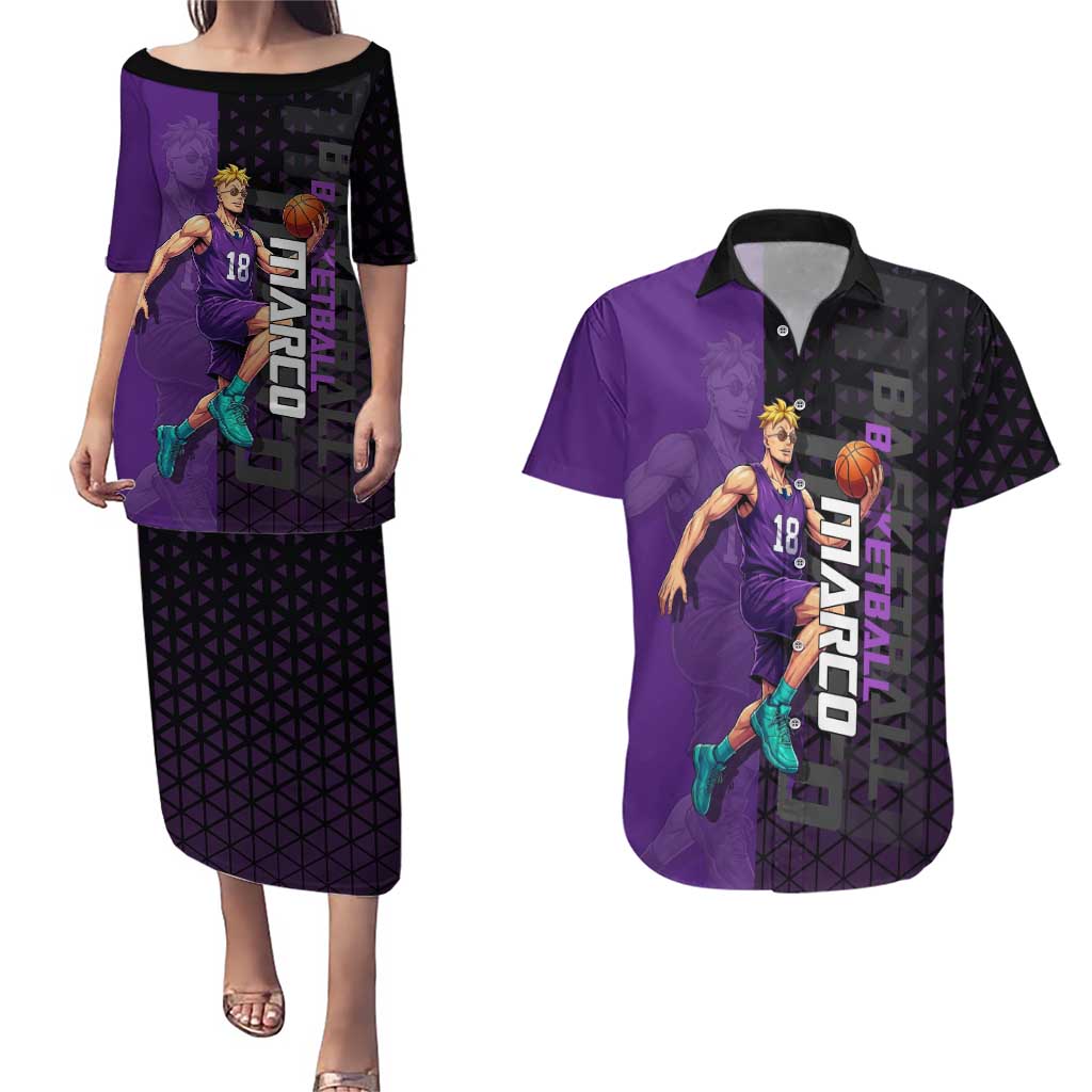 Marco One Piece Basketball Theme Purple and Black Design Couples Matching Puletasi and Hawaiian Shirt with Phoenix Emblem and Action Pose - The Mazicc