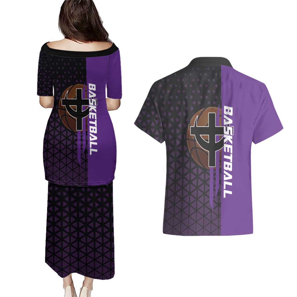 Marco One Piece Basketball Theme Purple and Black Design Couples Matching Puletasi and Hawaiian Shirt with Phoenix Emblem and Action Pose - The Mazicc