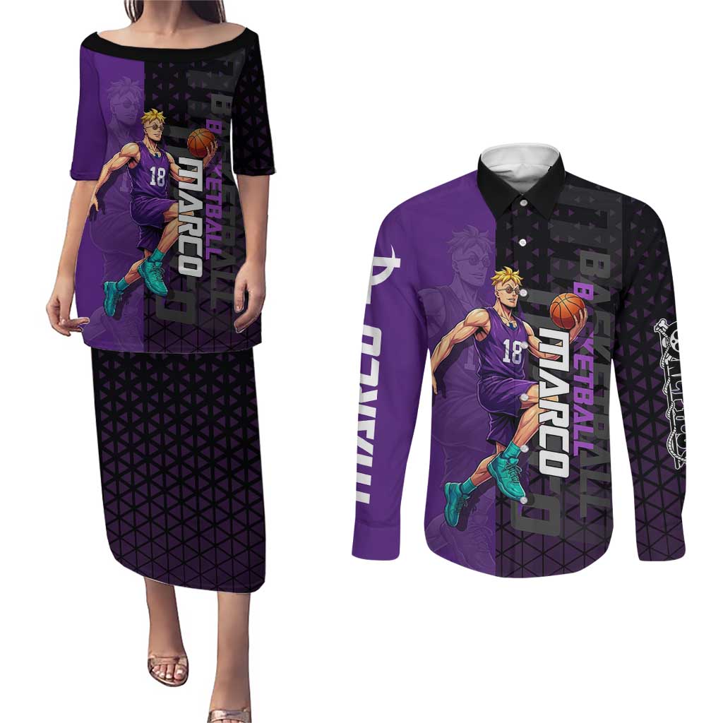 Marco One Piece Basketball Theme Purple and Black Design Couples Matching Puletasi and Long Sleeve Button Shirt with Phoenix Emblem and Action Pose - The Mazicc