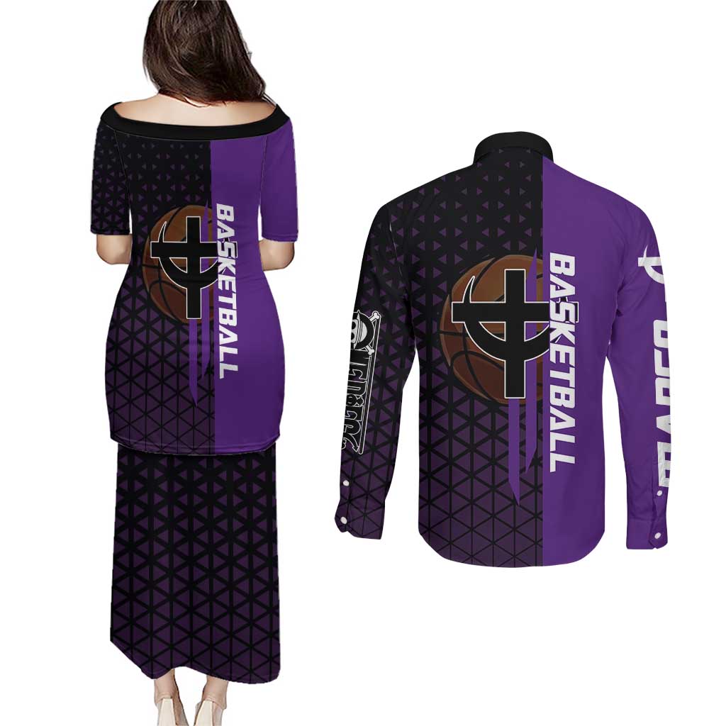Marco One Piece Basketball Theme Purple and Black Design Couples Matching Puletasi and Long Sleeve Button Shirt with Phoenix Emblem and Action Pose - The Mazicc