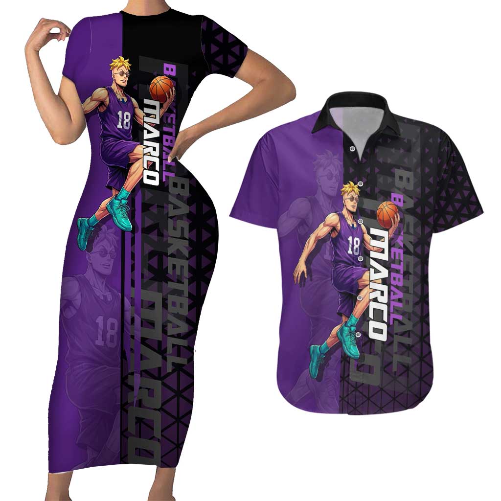 Marco One Piece Basketball Theme Purple and Black Design Couples Matching Short Sleeve Bodycon Dress and Hawaiian Shirt with Phoenix Emblem and Action Pose - The Mazicc