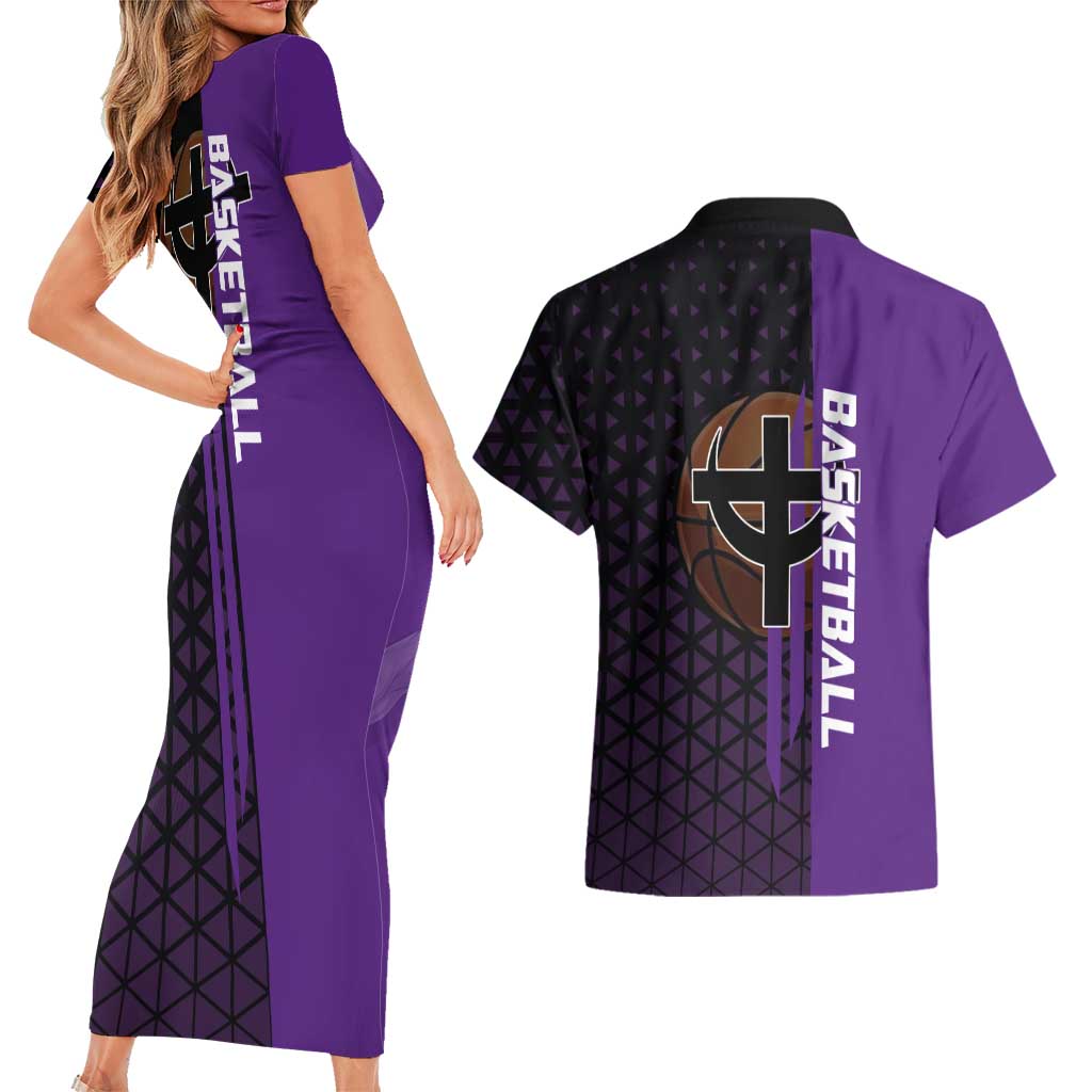 Marco One Piece Basketball Theme Purple and Black Design Couples Matching Short Sleeve Bodycon Dress and Hawaiian Shirt with Phoenix Emblem and Action Pose - The Mazicc