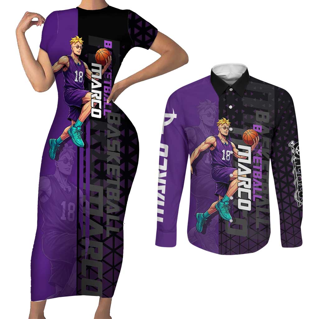 Marco One Piece Basketball Theme Purple and Black Design Couples Matching Short Sleeve Bodycon Dress and Long Sleeve Button Shirt with Phoenix Emblem and Action Pose - The Mazicc