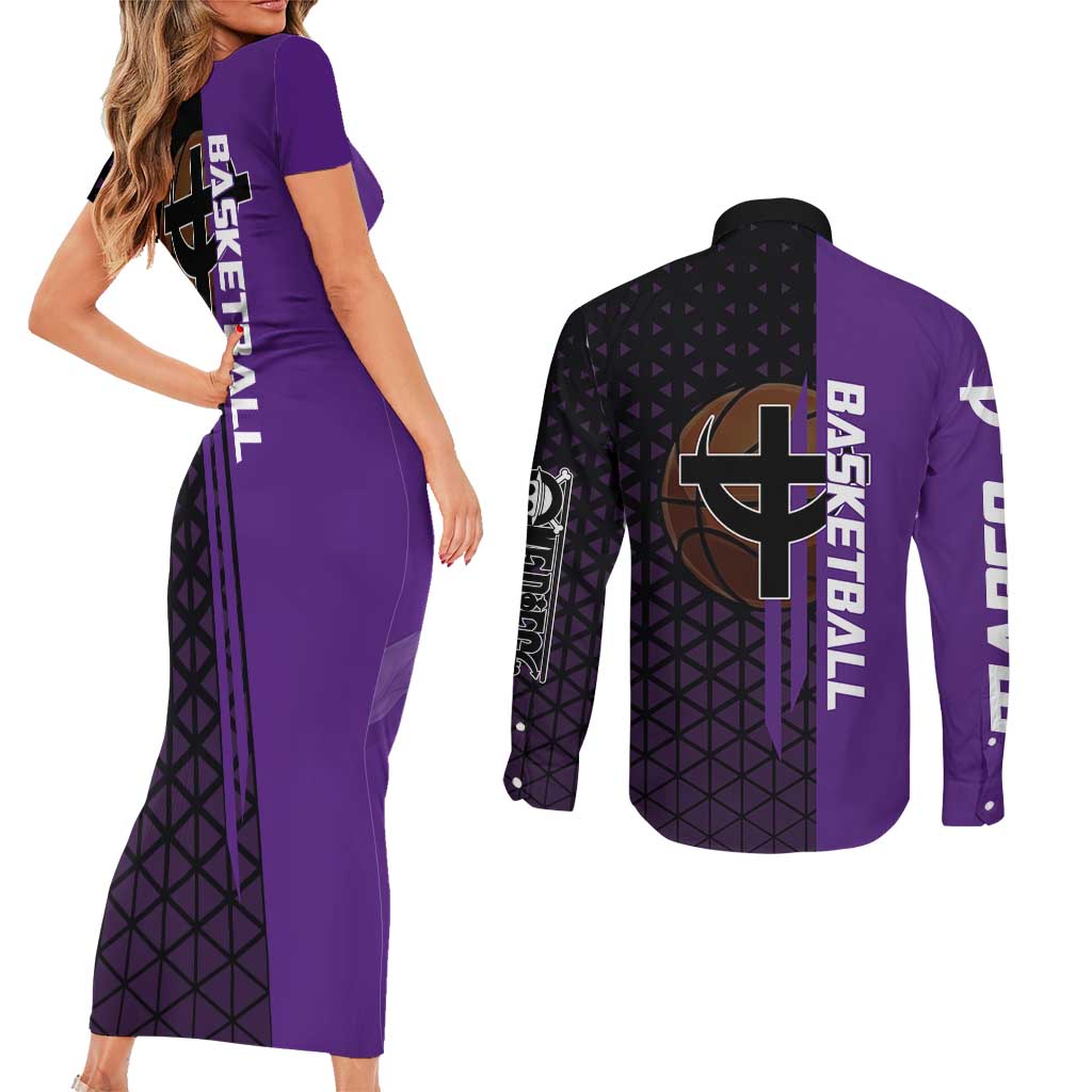 Marco One Piece Basketball Theme Purple and Black Design Couples Matching Short Sleeve Bodycon Dress and Long Sleeve Button Shirt with Phoenix Emblem and Action Pose - The Mazicc
