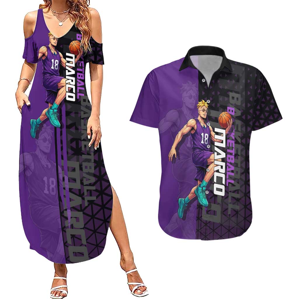 Marco One Piece Basketball Theme Purple and Black Design Couples Matching Summer Maxi Dress and Hawaiian Shirt with Phoenix Emblem and Action Pose - The Mazicc