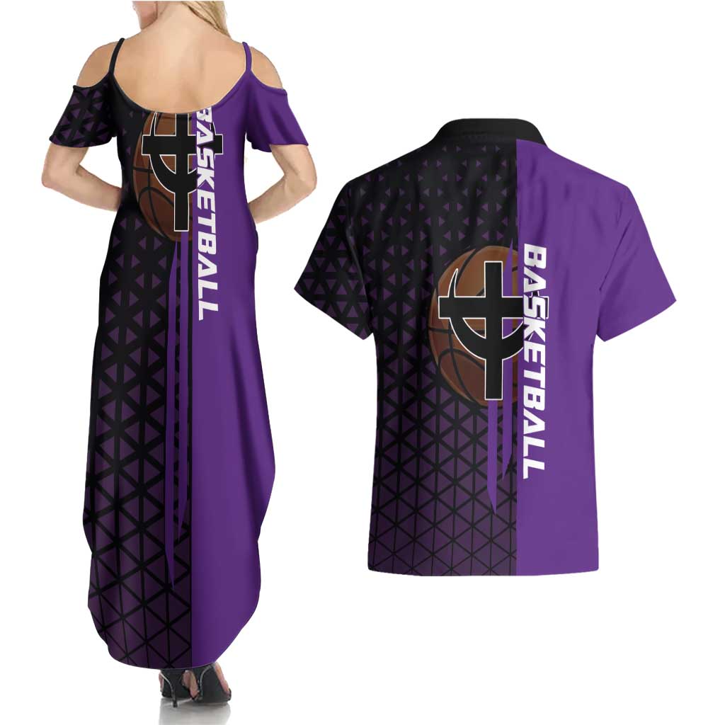 Marco One Piece Basketball Theme Purple and Black Design Couples Matching Summer Maxi Dress and Hawaiian Shirt with Phoenix Emblem and Action Pose - The Mazicc