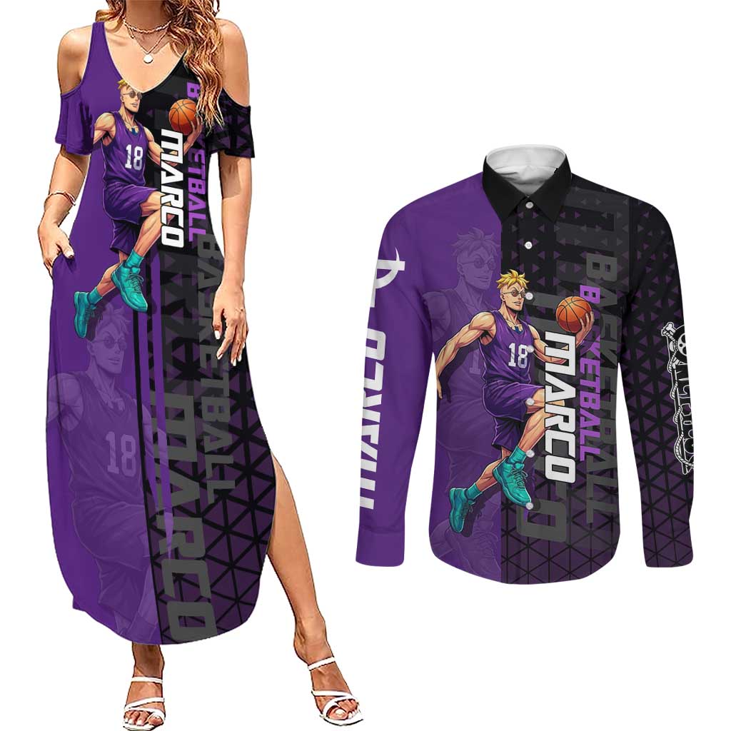 Marco One Piece Basketball Theme Purple and Black Design Couples Matching Summer Maxi Dress and Long Sleeve Button Shirt with Phoenix Emblem and Action Pose - The Mazicc
