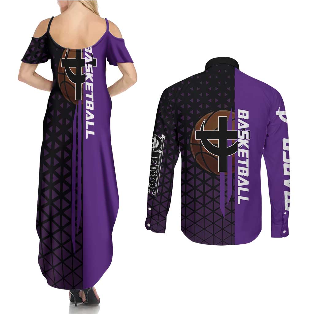 Marco One Piece Basketball Theme Purple and Black Design Couples Matching Summer Maxi Dress and Long Sleeve Button Shirt with Phoenix Emblem and Action Pose - The Mazicc