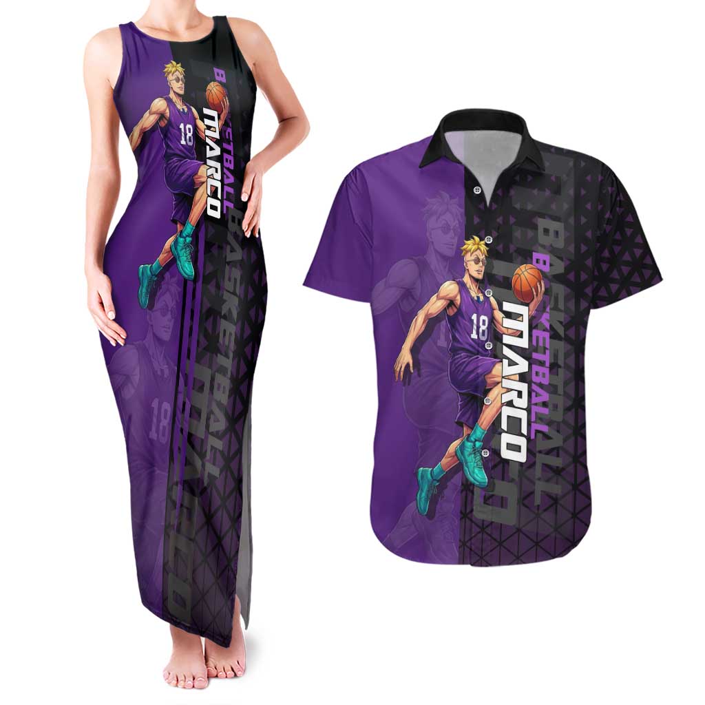 Marco One Piece Basketball Theme Purple and Black Design Couples Matching Tank Maxi Dress and Hawaiian Shirt with Phoenix Emblem and Action Pose - The Mazicc