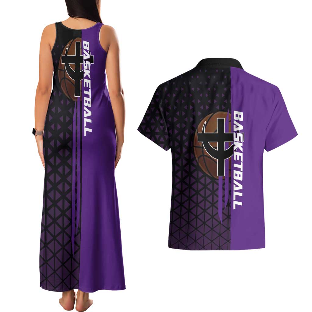 Marco One Piece Basketball Theme Purple and Black Design Couples Matching Tank Maxi Dress and Hawaiian Shirt with Phoenix Emblem and Action Pose - The Mazicc