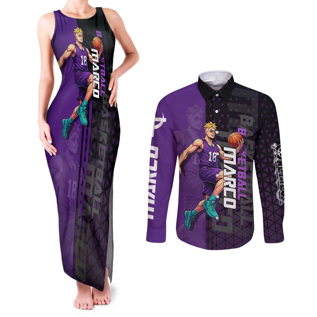 Marco One Piece Basketball Theme Purple and Black Design Couples Matching Tank Maxi Dress and Long Sleeve Button Shirt with Phoenix Emblem and Action Pose - The Mazicc