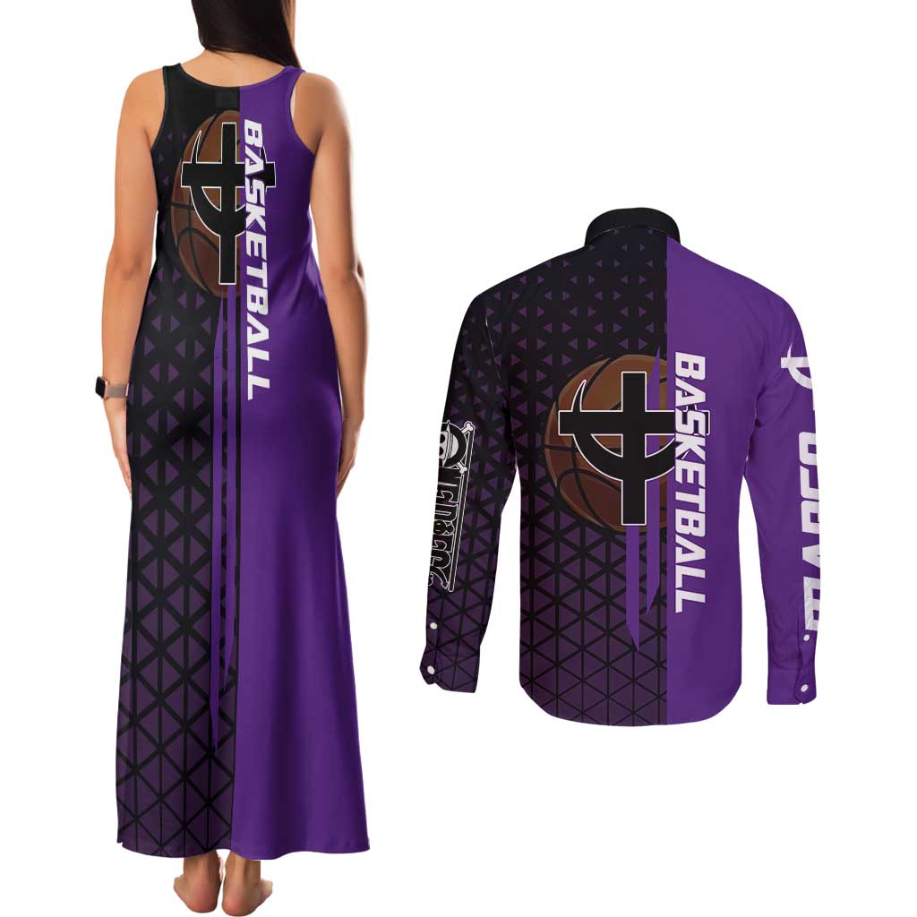 Marco One Piece Basketball Theme Purple and Black Design Couples Matching Tank Maxi Dress and Long Sleeve Button Shirt with Phoenix Emblem and Action Pose - The Mazicc