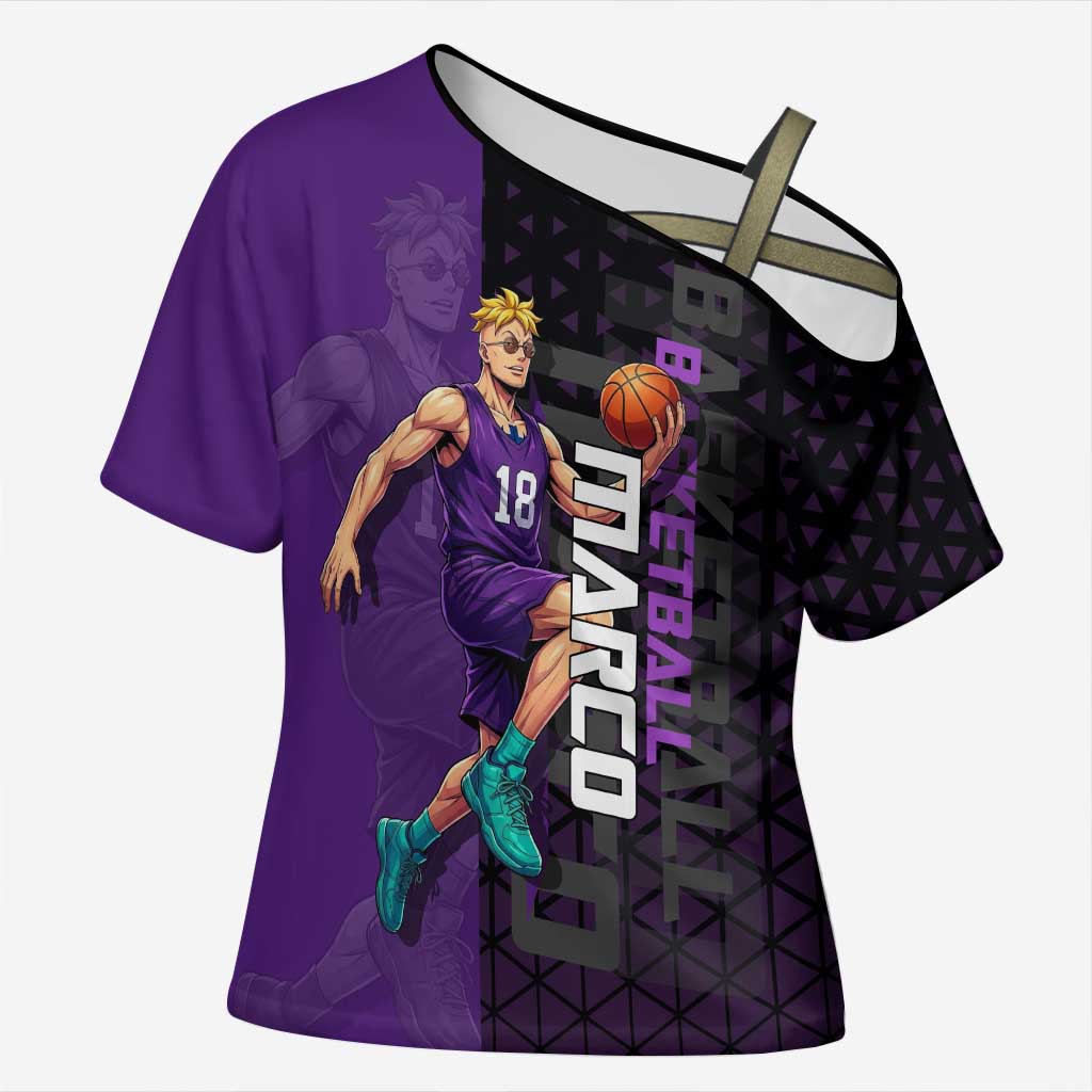 Marco One Piece Basketball Theme Purple and Black Design Cross Shoulder Shirt with Phoenix Emblem and Action Pose - The Mazicc