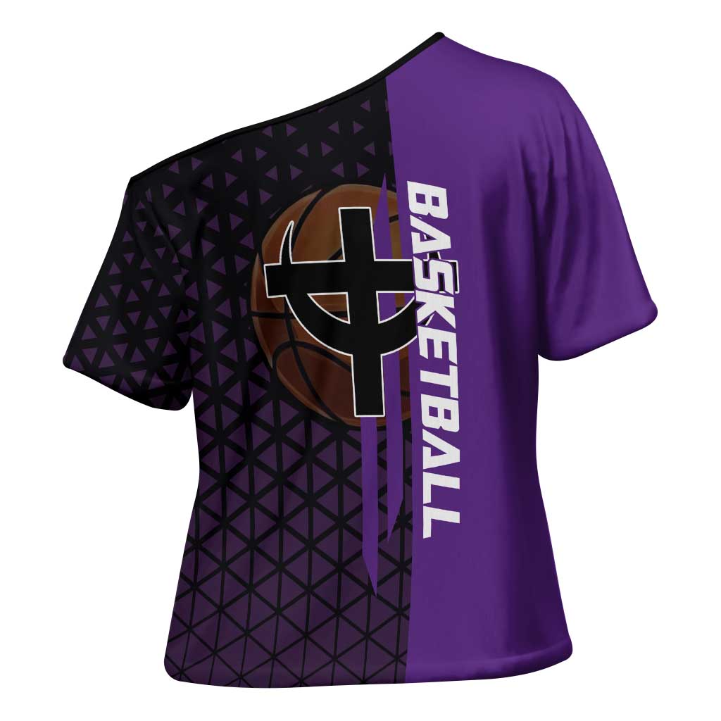 Marco One Piece Basketball Theme Purple and Black Design Cross Shoulder Shirt with Phoenix Emblem and Action Pose - The Mazicc
