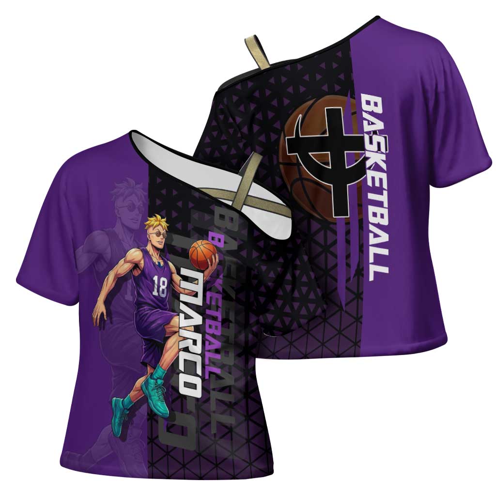Marco One Piece Basketball Theme Purple and Black Design Cross Shoulder Shirt with Phoenix Emblem and Action Pose - The Mazicc