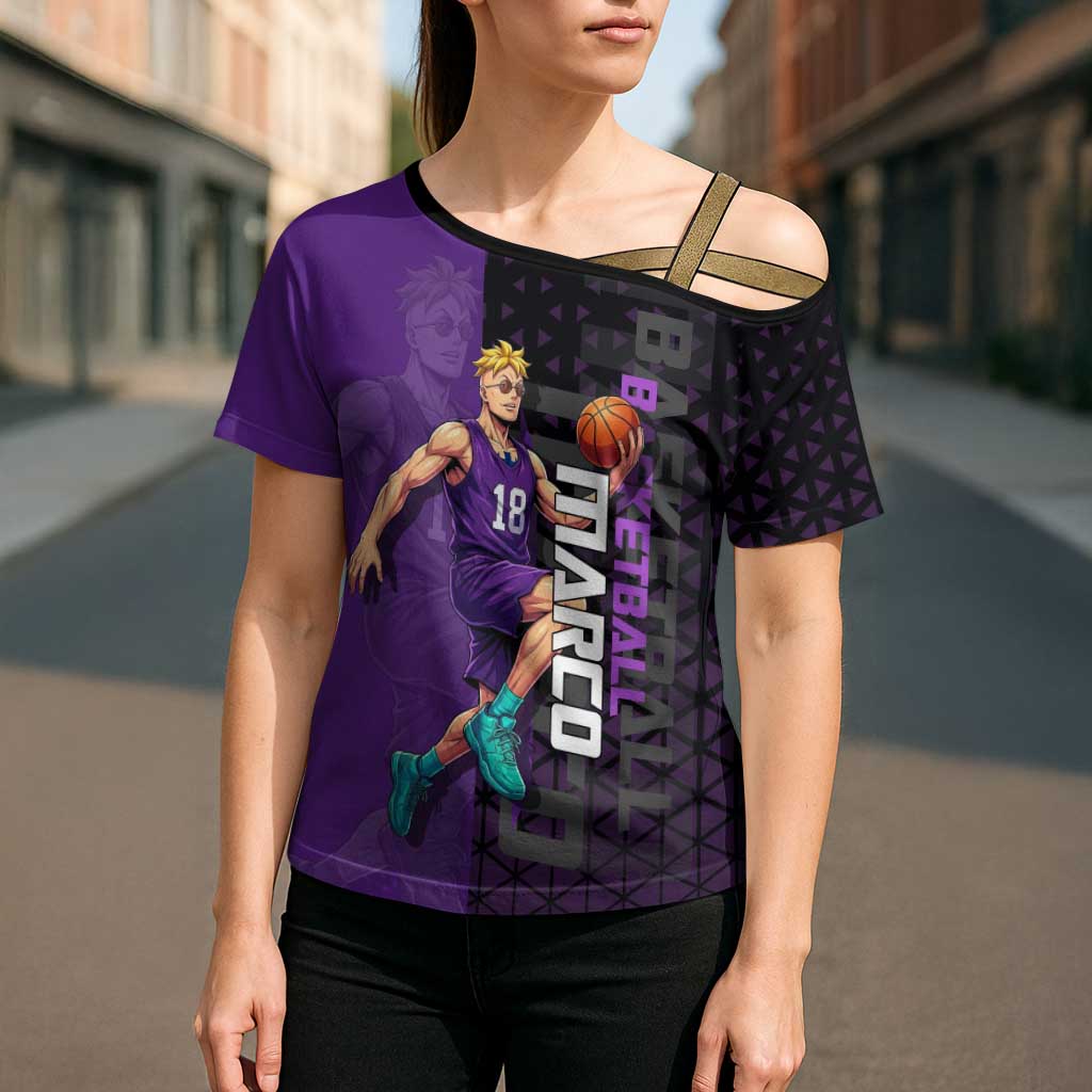 Marco One Piece Basketball Theme Purple and Black Design Cross Shoulder Shirt with Phoenix Emblem and Action Pose - The Mazicc