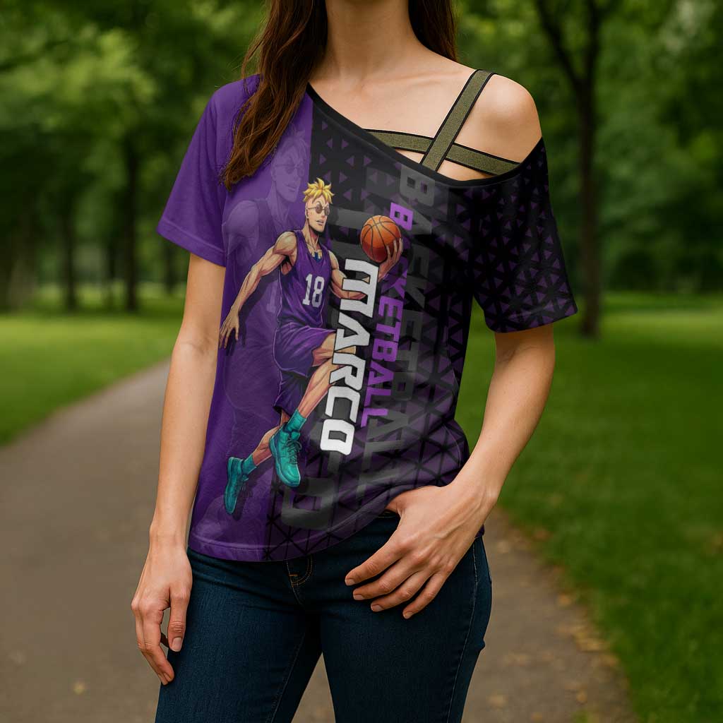 Marco One Piece Basketball Theme Purple and Black Design Cross Shoulder Shirt with Phoenix Emblem and Action Pose - The Mazicc