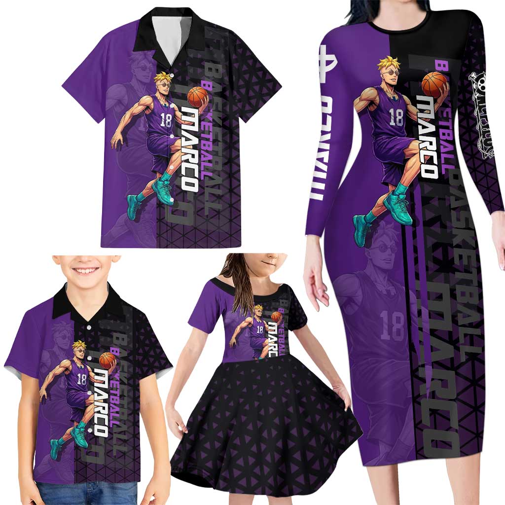 Marco One Piece Basketball Theme Purple and Black Design Family Matching Long Sleeve Bodycon Dress and Hawaiian Shirt with Phoenix Emblem and Action Pose