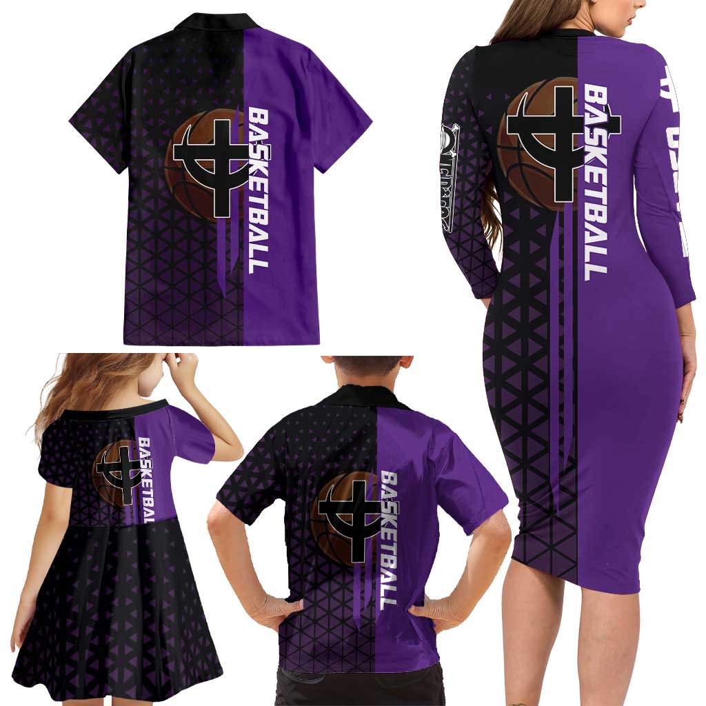 Marco One Piece Basketball Theme Purple and Black Design Family Matching Long Sleeve Bodycon Dress and Hawaiian Shirt with Phoenix Emblem and Action Pose