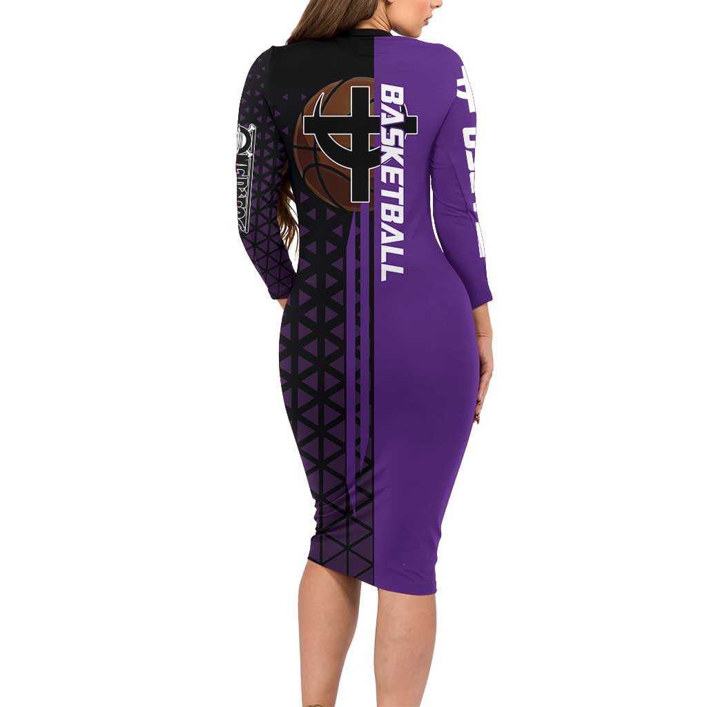 Marco One Piece Basketball Theme Purple and Black Design Family Matching Long Sleeve Bodycon Dress and Hawaiian Shirt with Phoenix Emblem and Action Pose