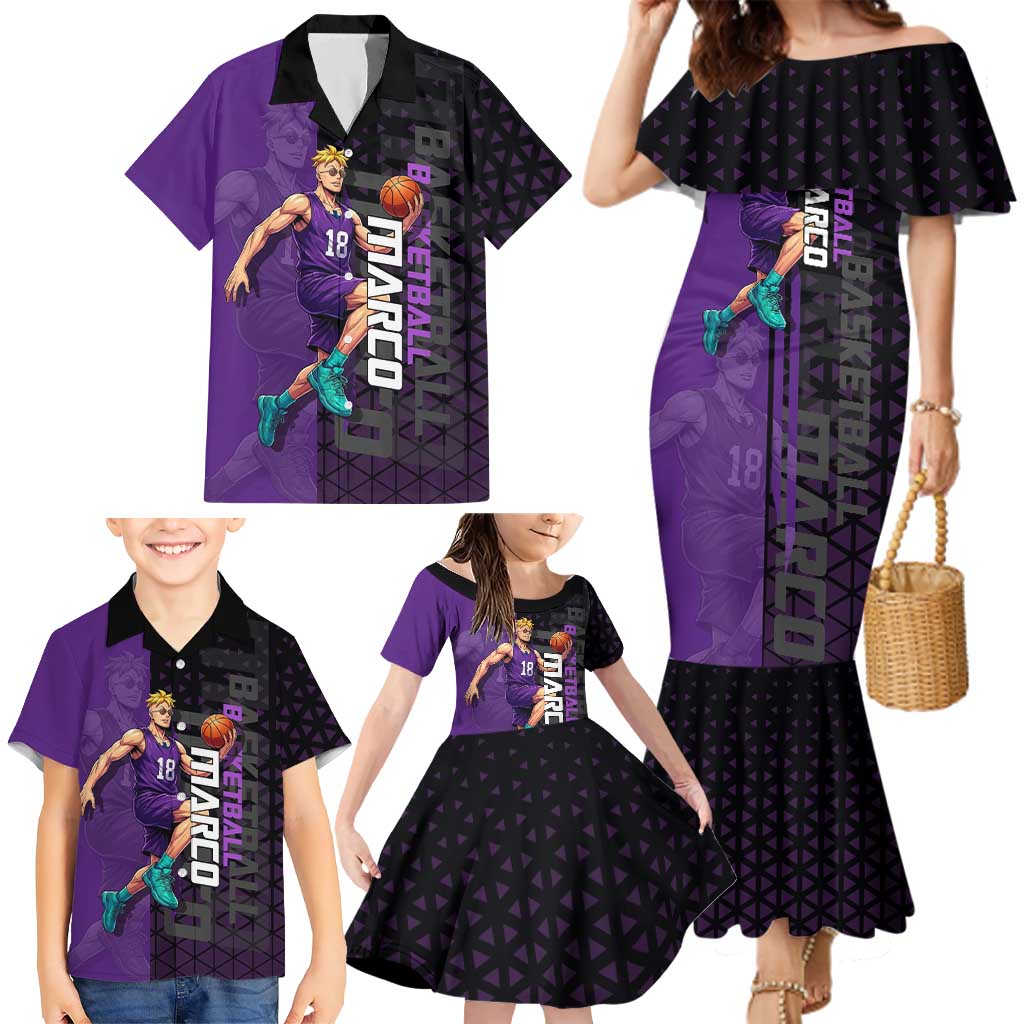 Marco One Piece Basketball Theme Purple and Black Design Family Matching Mermaid Dress and Hawaiian Shirt with Phoenix Emblem and Action Pose