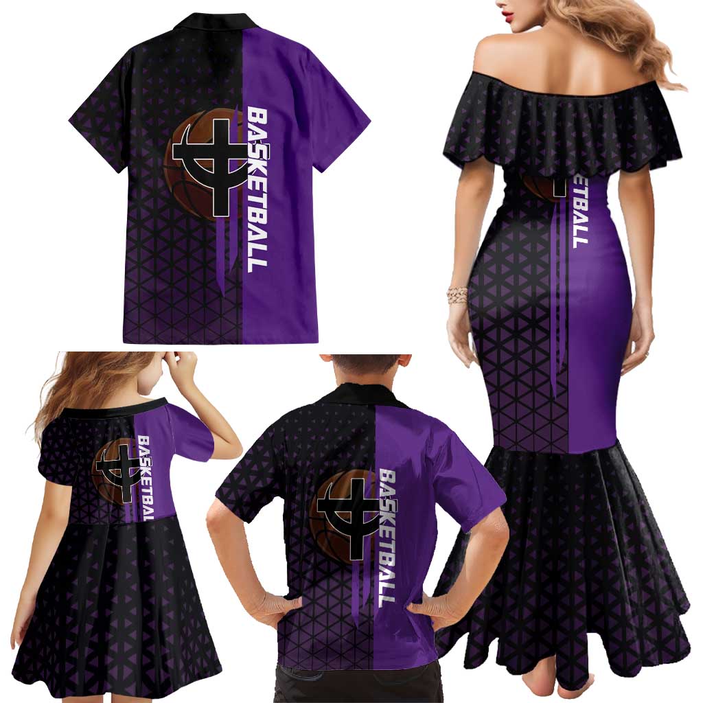 Marco One Piece Basketball Theme Purple and Black Design Family Matching Mermaid Dress and Hawaiian Shirt with Phoenix Emblem and Action Pose