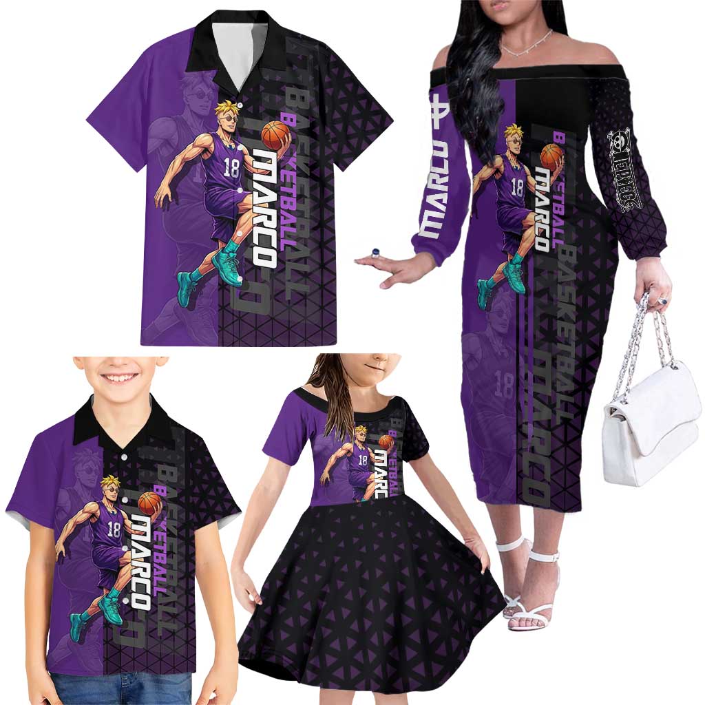 Marco One Piece Basketball Theme Purple and Black Design Family Matching Off The Shoulder Long Sleeve Dress and Hawaiian Shirt with Phoenix Emblem and Action Pose