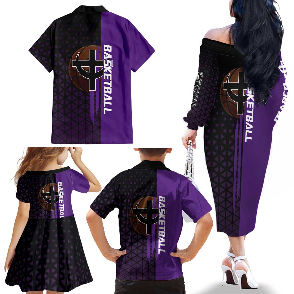 Marco One Piece Basketball Theme Purple and Black Design Family Matching Off The Shoulder Long Sleeve Dress and Hawaiian Shirt with Phoenix Emblem and Action Pose