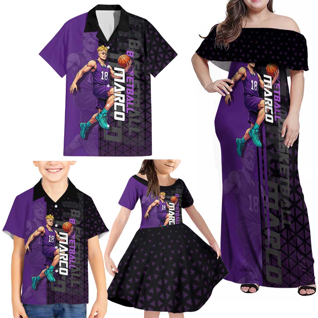 Marco One Piece Basketball Theme Purple and Black Design Family Matching Off Shoulder Maxi Dress and Hawaiian Shirt with Phoenix Emblem and Action Pose