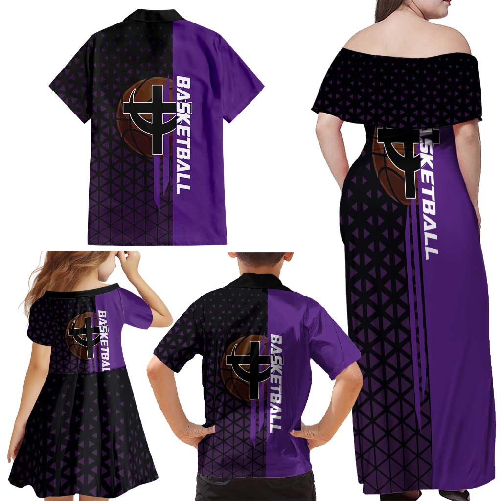 Marco One Piece Basketball Theme Purple and Black Design Family Matching Off Shoulder Maxi Dress and Hawaiian Shirt with Phoenix Emblem and Action Pose