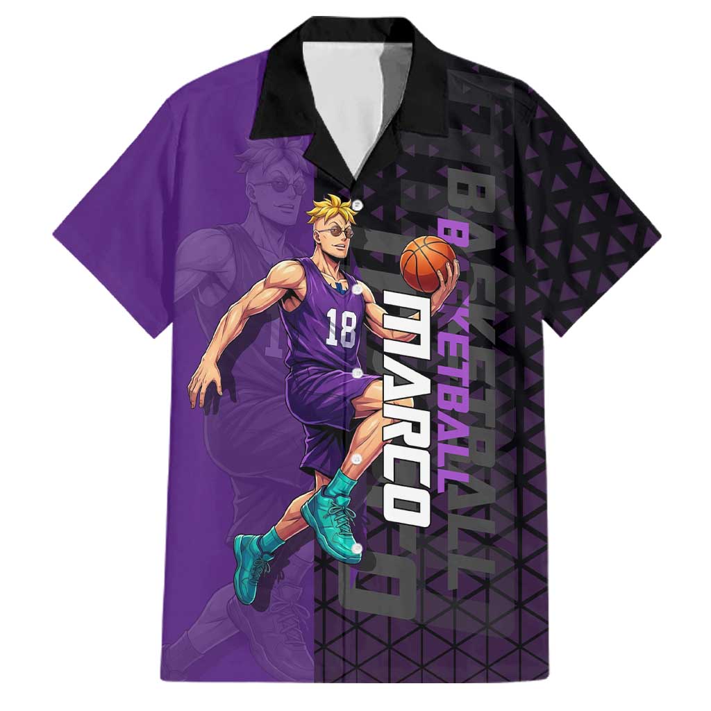 Marco One Piece Basketball Theme Purple and Black Design Family Matching Off Shoulder Maxi Dress and Hawaiian Shirt with Phoenix Emblem and Action Pose