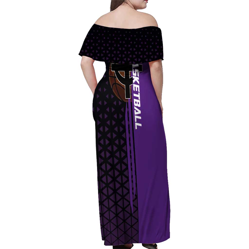 Marco One Piece Basketball Theme Purple and Black Design Family Matching Off Shoulder Maxi Dress and Hawaiian Shirt with Phoenix Emblem and Action Pose