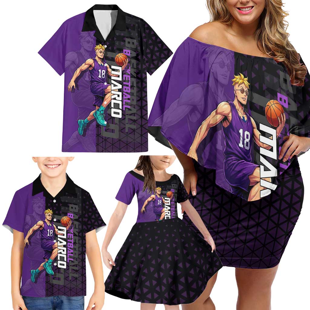 Marco One Piece Basketball Theme Purple and Black Design Family Matching Off Shoulder Short Dress and Hawaiian Shirt with Phoenix Emblem and Action Pose