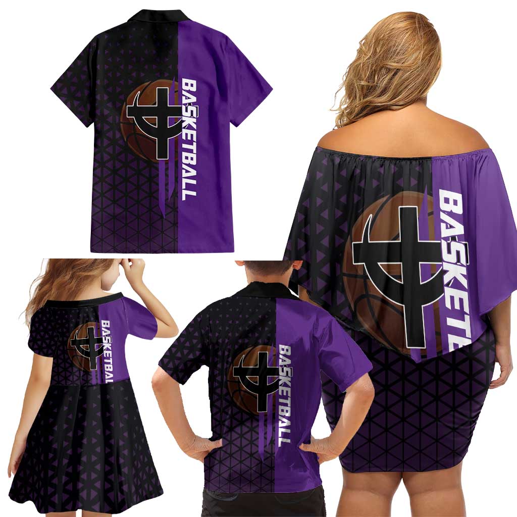 Marco One Piece Basketball Theme Purple and Black Design Family Matching Off Shoulder Short Dress and Hawaiian Shirt with Phoenix Emblem and Action Pose