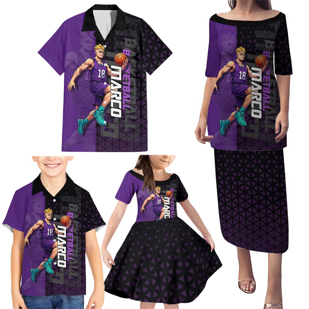 Marco One Piece Basketball Theme Purple and Black Design Family Matching Puletasi and Hawaiian Shirt with Phoenix Emblem and Action Pose