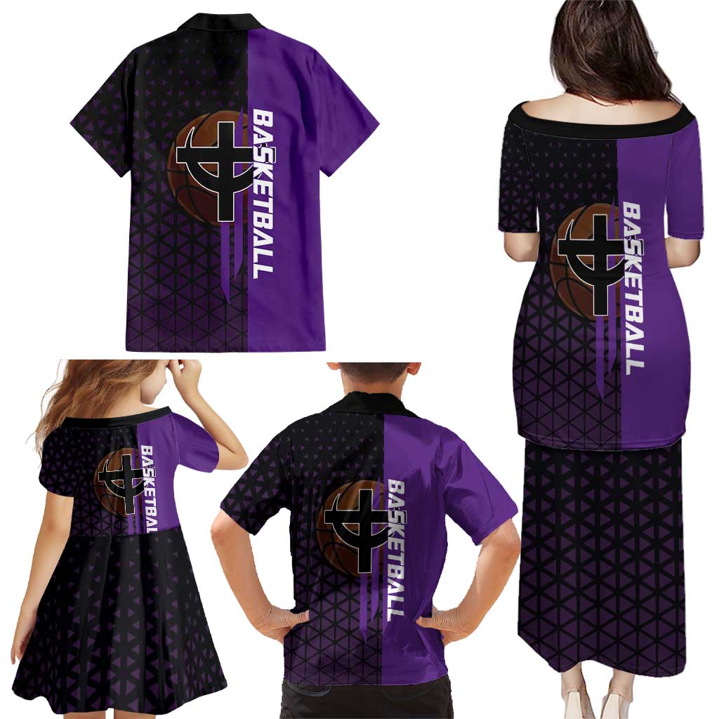 Marco One Piece Basketball Theme Purple and Black Design Family Matching Puletasi and Hawaiian Shirt with Phoenix Emblem and Action Pose