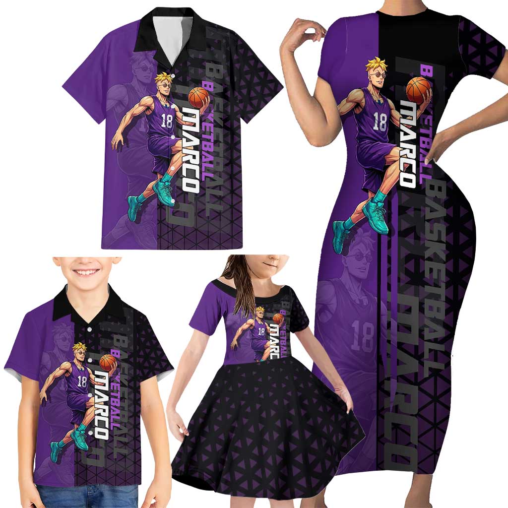 Marco One Piece Basketball Theme Purple and Black Design Family Matching Short Sleeve Bodycon Dress and Hawaiian Shirt with Phoenix Emblem and Action Pose