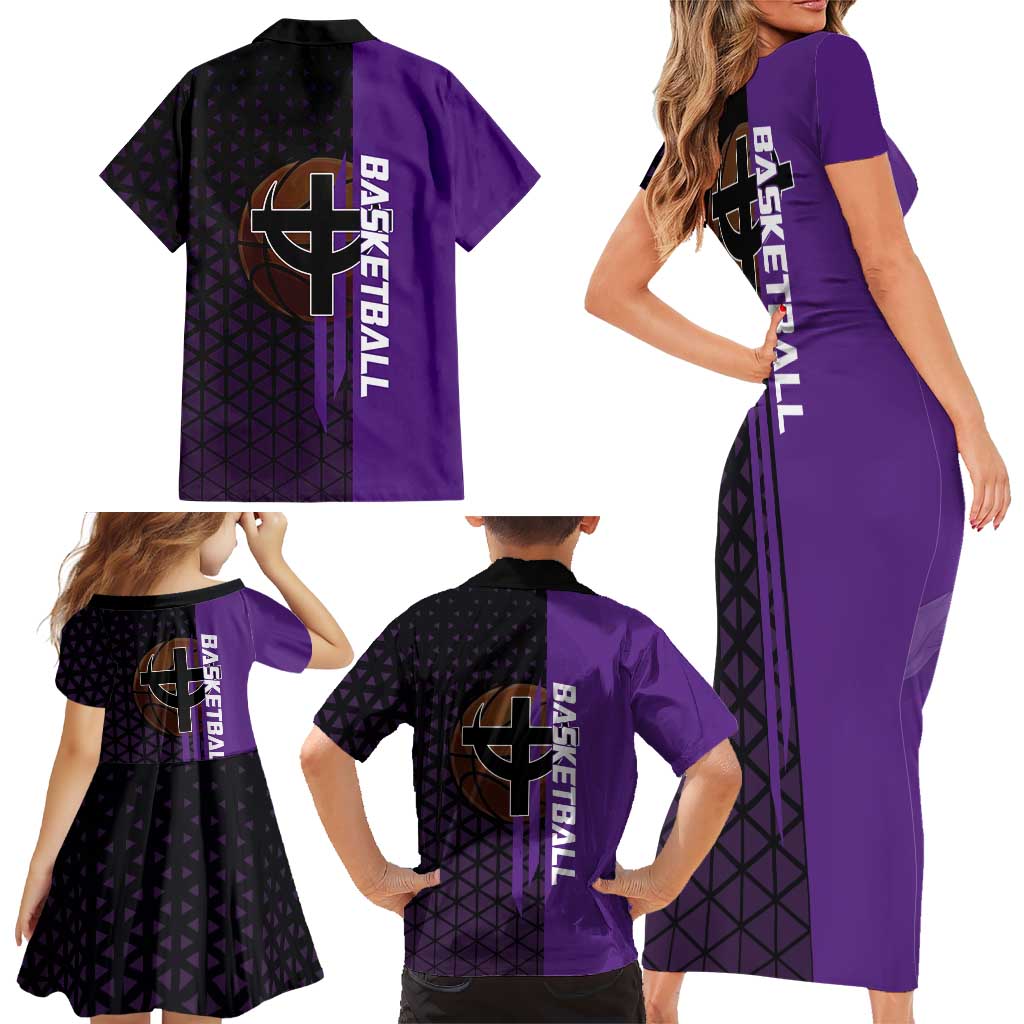 Marco One Piece Basketball Theme Purple and Black Design Family Matching Short Sleeve Bodycon Dress and Hawaiian Shirt with Phoenix Emblem and Action Pose