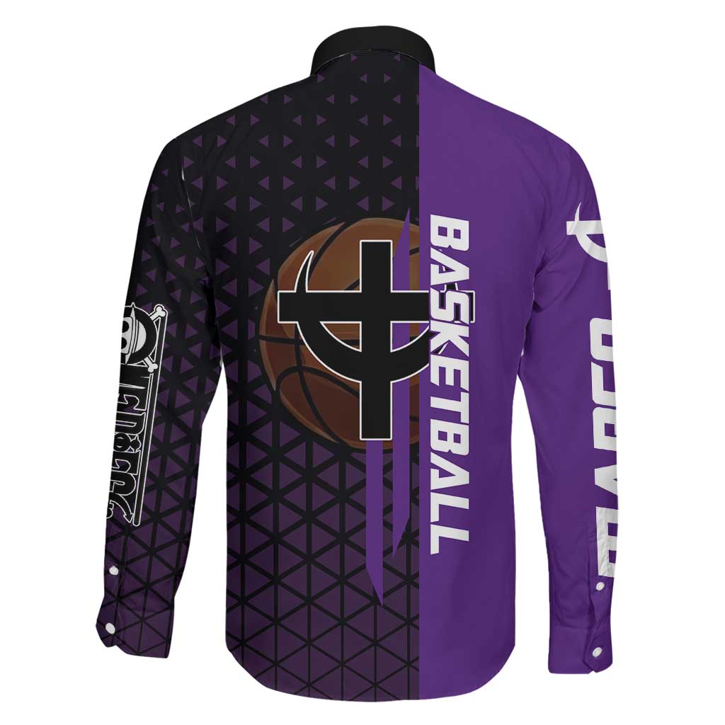 Marco One Piece Basketball Theme Purple and Black Design Family Matching Short Sleeve Bodycon Dress and Hawaiian Shirt with Phoenix Emblem and Action Pose