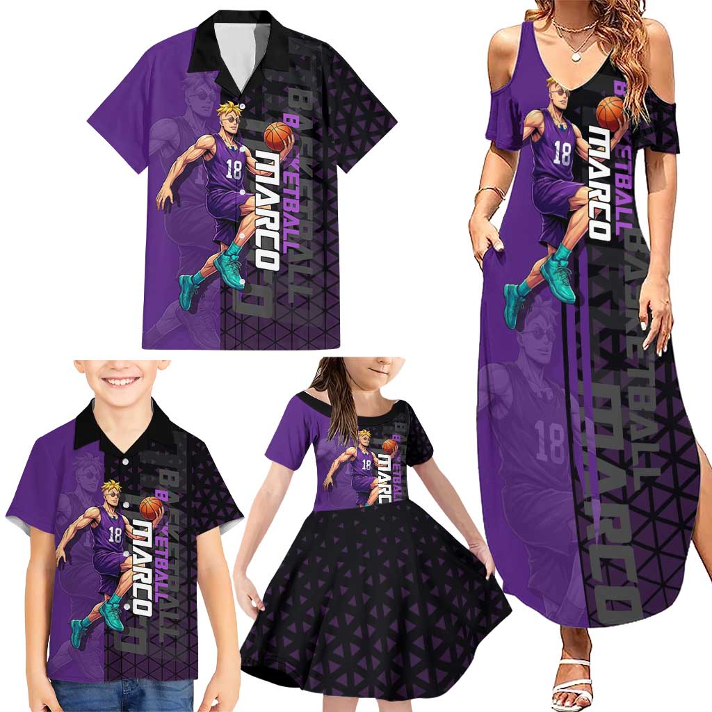 Marco One Piece Basketball Theme Purple and Black Design Family Matching Summer Maxi Dress and Hawaiian Shirt with Phoenix Emblem and Action Pose