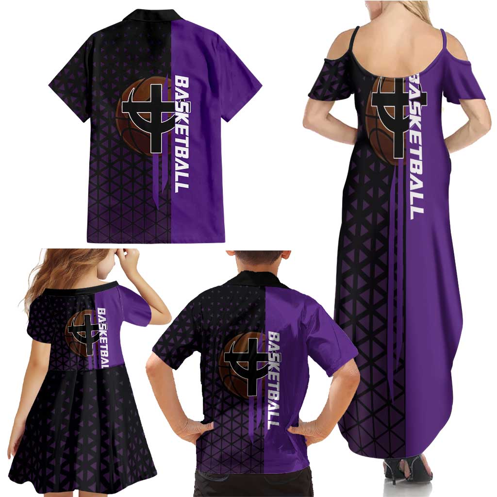 Marco One Piece Basketball Theme Purple and Black Design Family Matching Summer Maxi Dress and Hawaiian Shirt with Phoenix Emblem and Action Pose