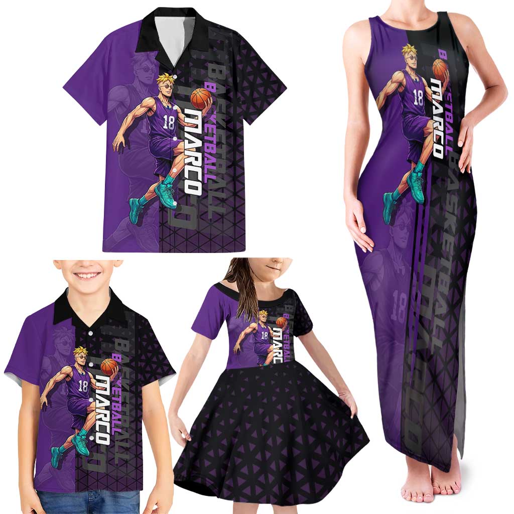 Marco One Piece Basketball Theme Purple and Black Design Family Matching Tank Maxi Dress and Hawaiian Shirt with Phoenix Emblem and Action Pose